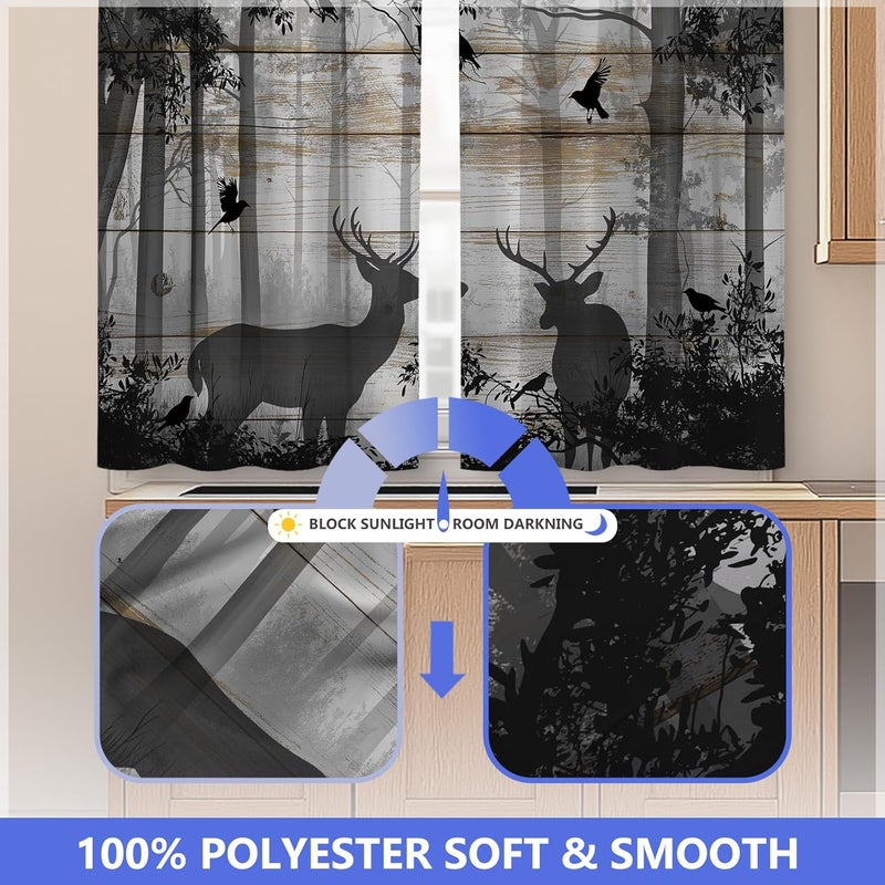 Aimego Deer Forest Kitchen Curtains - Hunting Vintage Small Short Cafe Tier Curtains Farmhouse Rustic Decor for Living Room Rod Pocket Window Drapes 36 Inch Length 2 Panels Set 28"x36" - Image 5